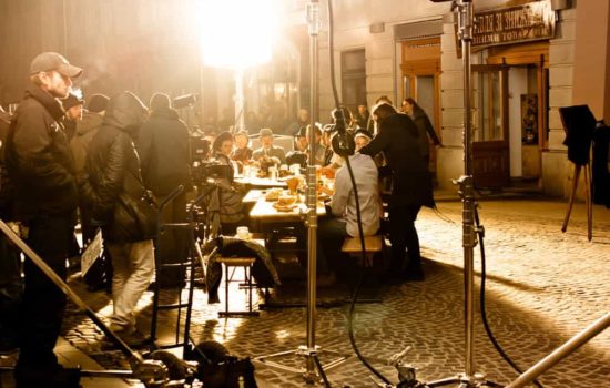 Movie development team on set