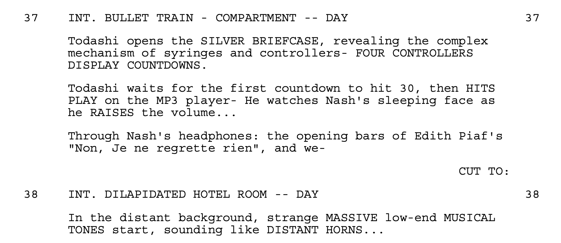 Two scenes from Inception labeled within the shooting script